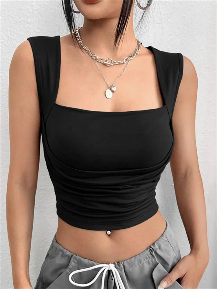 

CHRONSTYLE Square Neck Low Cut Sleeveless Tank Bustiers Corsets Exposed Navel Tops Summer Party Clubwear Sexy Women Black Vests