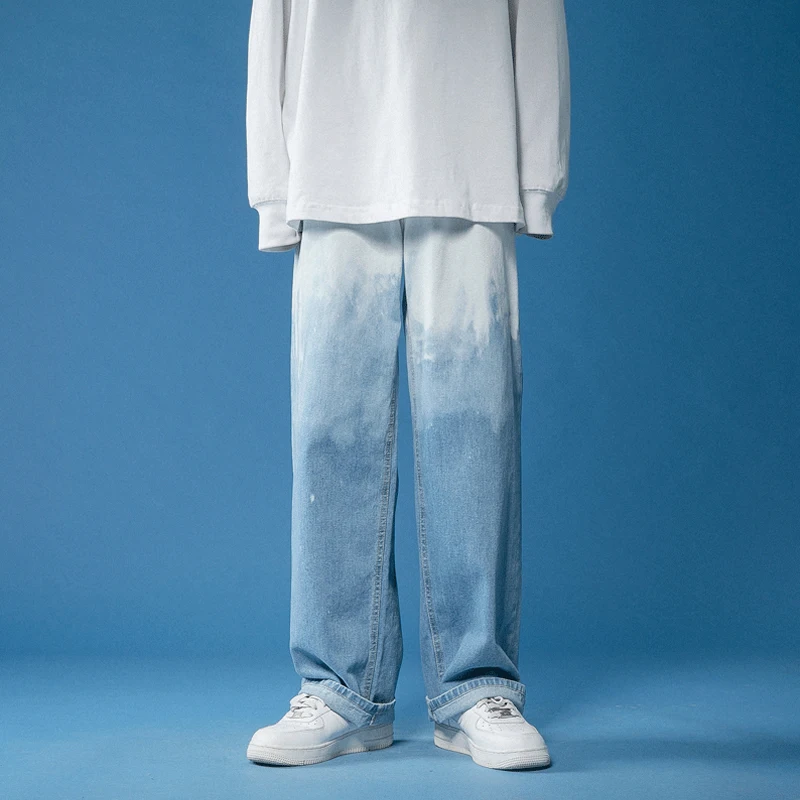 Cyber Y2K Men Korean Streetwear Fashion Tie-dye Jeans Casual Male Wide Leg Baggy Pants Straight Trousers Mens Alt Denim Clothes