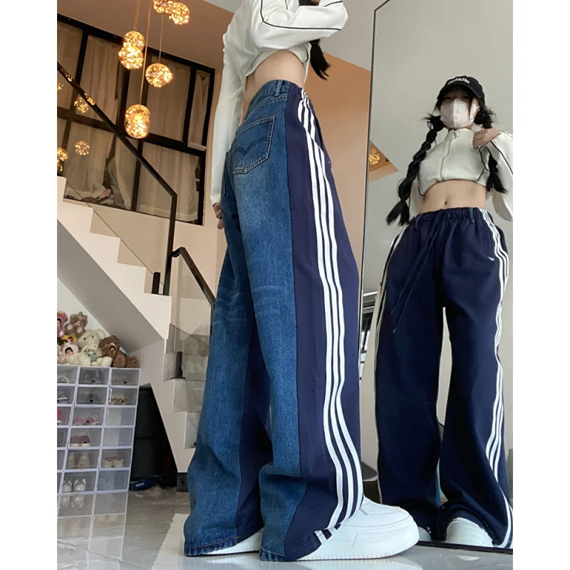 

Blue Women Jeans Stripe American High Waist Fashion Vintage Streetwear Y2K Style Wide Leg Jean Female Trouser Baggy Denim Pants