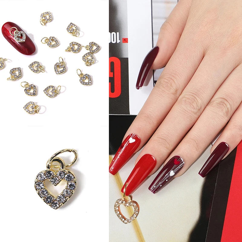 

10Pcs Korean Heart Alloy Flash Diamond Nail Art Decoration Metal Hollow Pendant Nails Jewelry Fashion Diy Manicure Accessories
