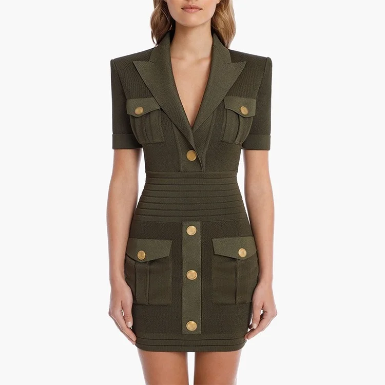 

Fashion Classic design Military Green V-neck Knitted Medium Length Skirt Rivet Button Pocket Dress Short Sleeve