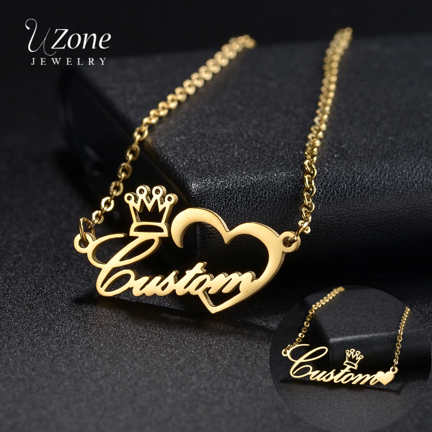 

Uzone Personalized Custom Name Crown Heart Pendant Necklace For Women Men Stainless Steel Charm Gold Color Necklace Jewelry Gift