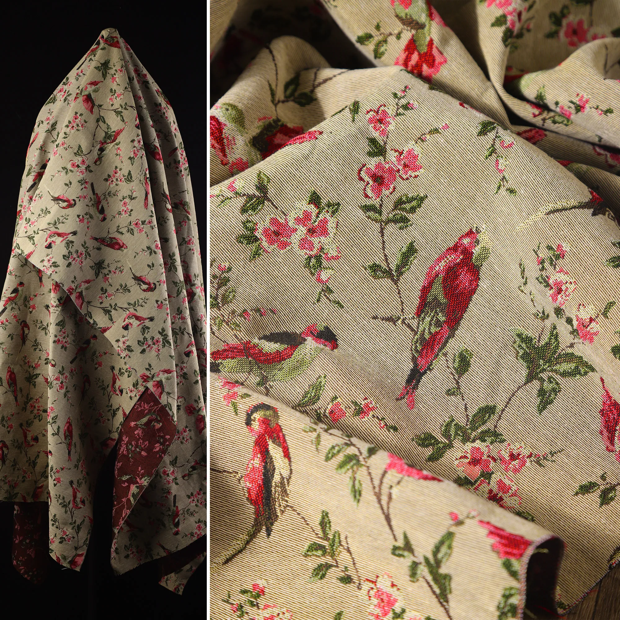 Винтажная жаккардовая ткань с розово-красными цветами и птицами элегантное