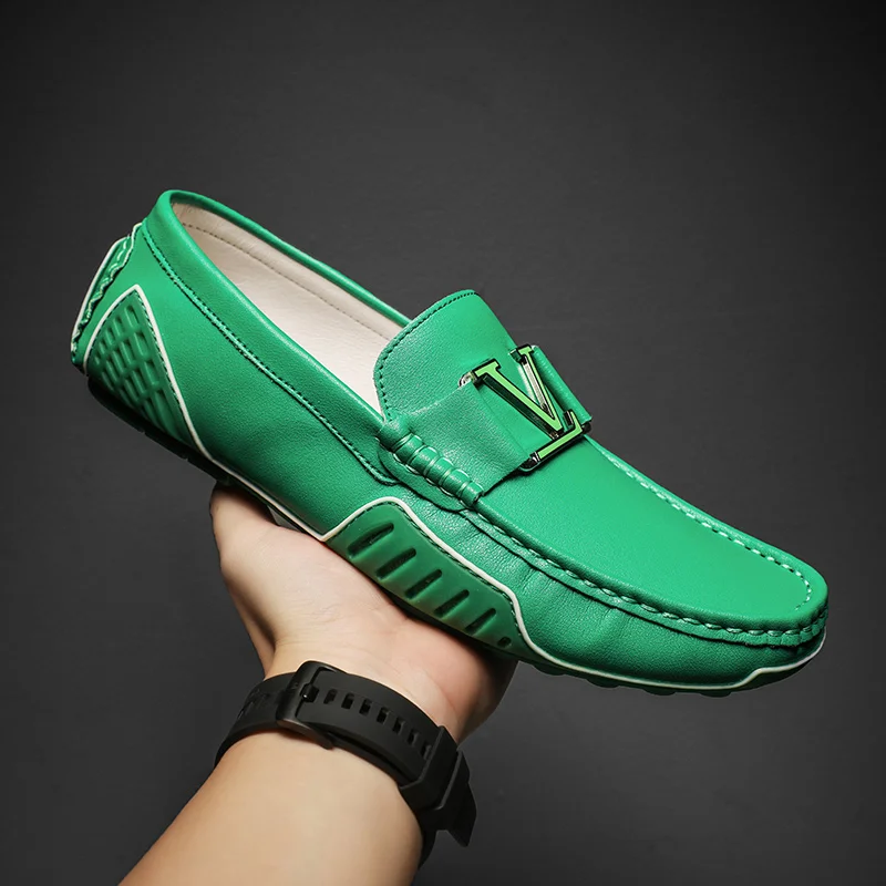 

High Quality Men's Casual Leather Shoes Cowhide Loafers Soft Luxury Pea Shoes Green Genuine Leather Men's Flats Driving Shoes