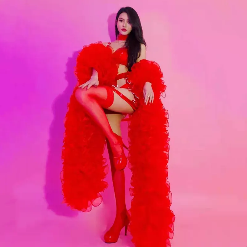 

Sexy Nightclub DJ Singer Leading Dancer Performance Stage Clothes Red Gauze Long Cloak Bikini Outfits Party Rave Catwalk Costume