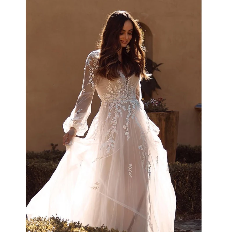 

LUOJO Boho Wedding Dress 2022 A-line Scoop Neck Backless Puff Sleeves Appliques Bridal Gown For Charming Women Vestidos De Novia