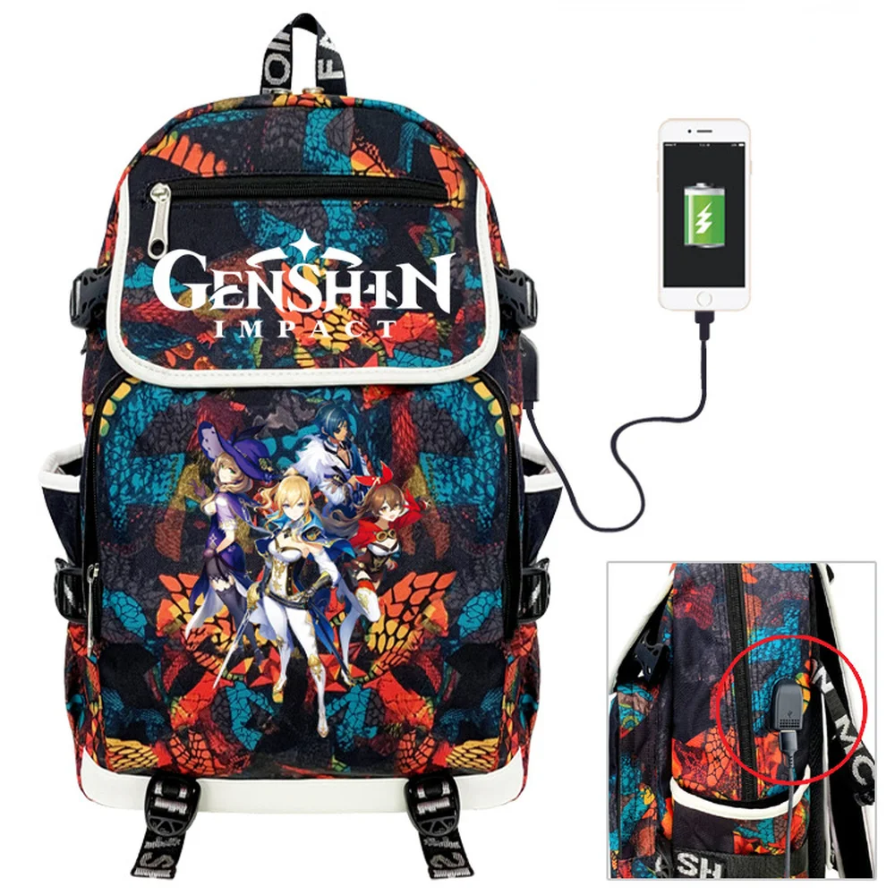 

Anime Game Genshin Impact Canvas Backpack Leisure Breathable Charging School Bag Large Capacity Outdoor Travel Bag Laptop Bag