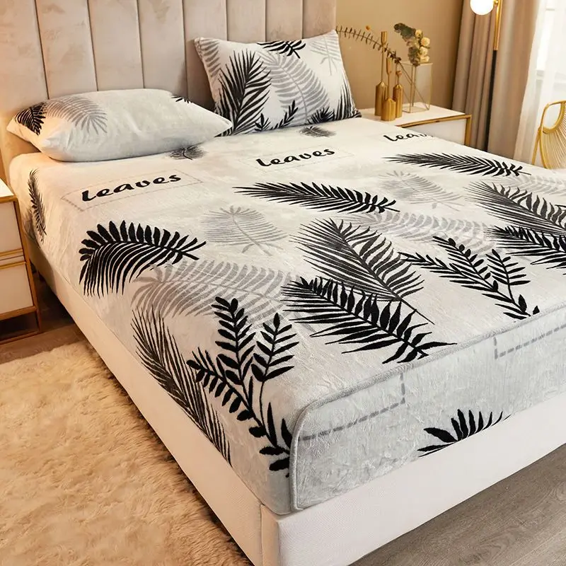 

WOSTAR Winter warm mink cashmere elastic fitted sheet mattress protector cover luxury double bed sheet king size bedding 90/180