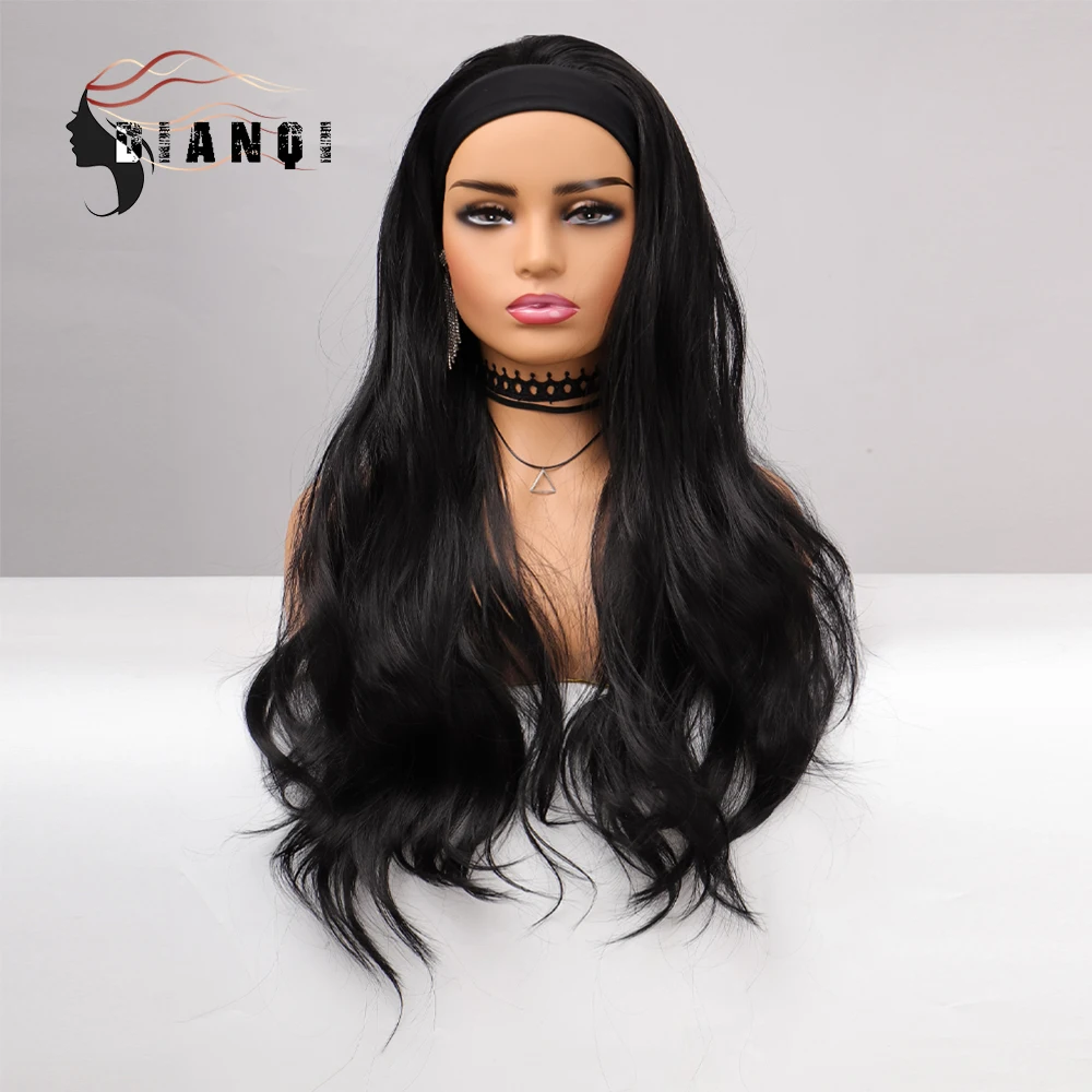 DIANQI Headband Wig Synthetic Scarf Wigs 22-24 Inch Black Brown Long Wavy Women's Hair