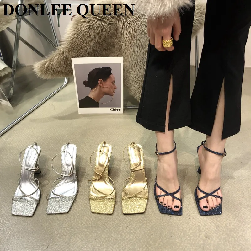 

2022 New Summer Fashion Gold Sliver Sandals Women High Heel Pumps Party Dress Shoe Narrow Band Rome Sandal Ankle Strap Gladiator