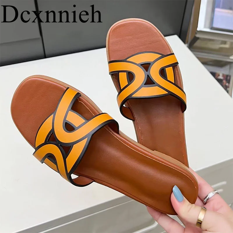 

Summer Open Toe Slippers Women Shallow Mixed Color Cross Band Real Leather Slides Ladies Outdoor Vacation Shoes Lazy Sandalias