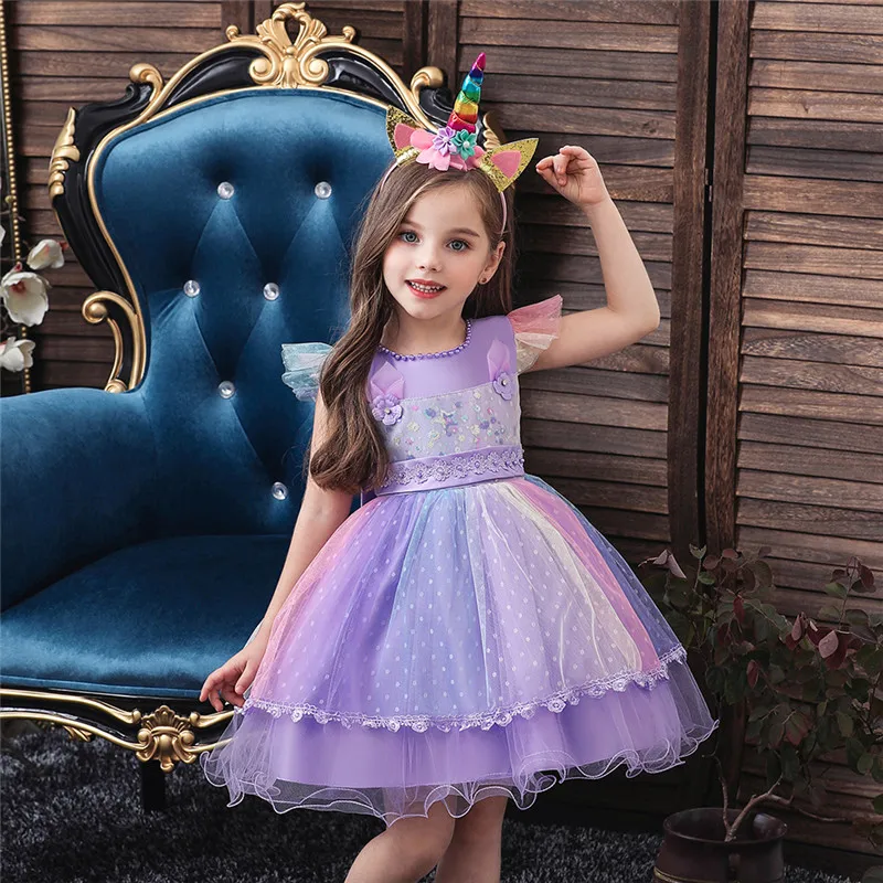 

European Style Colorful Fluffy Festival Kids Night Dress For Girl Lovely Crew Neck Party Girls' Dresses0-6 Years Old