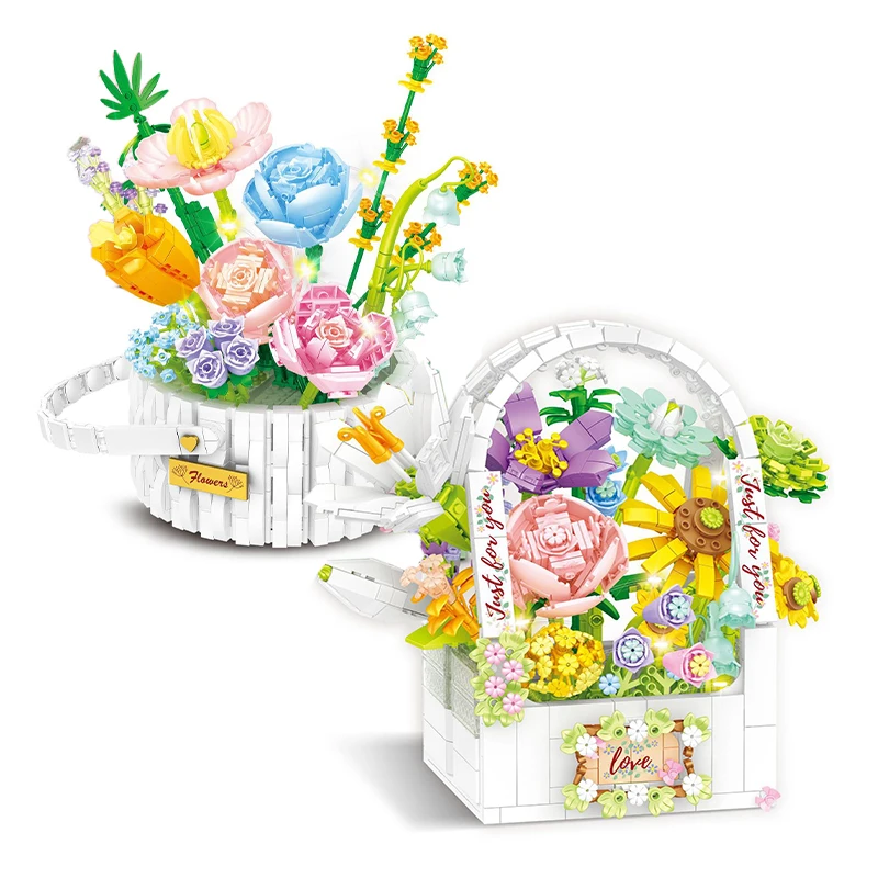 

Creative 1416pcs Blooming Flowers Basket Building Blocks, Bouquets Model with Lights, Assembly Bricks Toys Children Girls Gifts