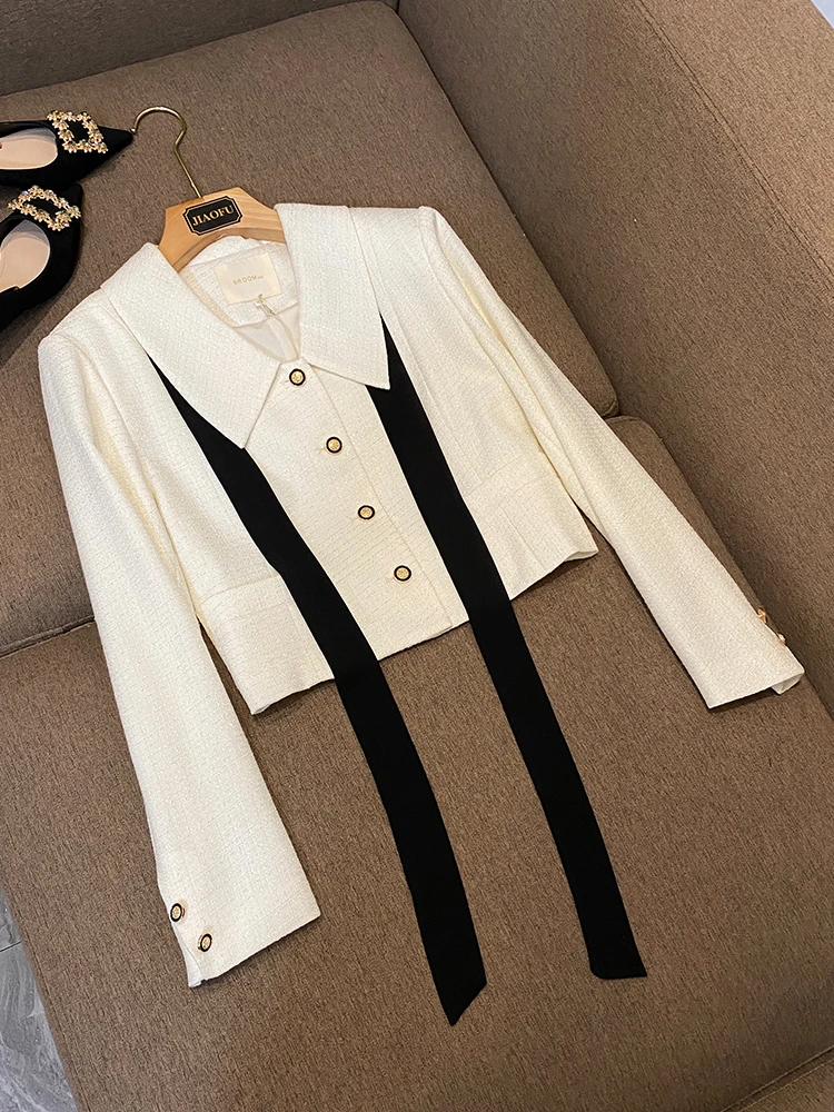 

Celebrity Style Cloth Turn Down Collar Long Sleeve Single Breasted Short Length Jacket With Streamer