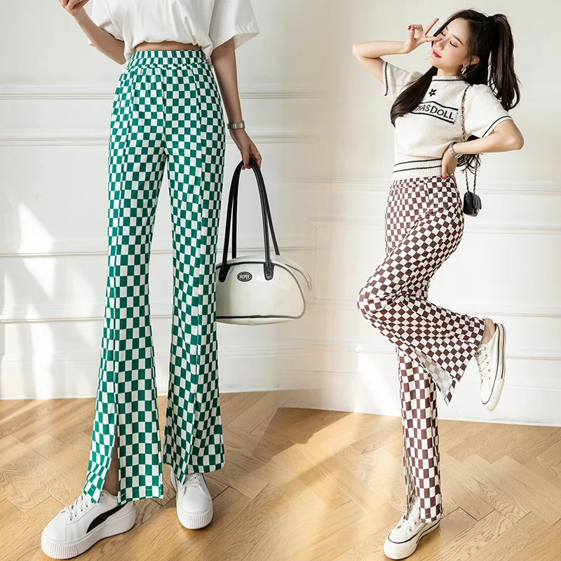 

Spring/Summer 2022 new checkered pants women slim Korean casual loose Joker bell bottoms Womens pants High waisted pants