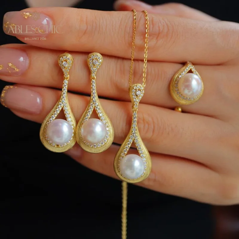 18K Gold Tone Sterling Silver Freshwater Pearl CZ Accent Teardrop Pendant Necklace Ring and Earrings Set L1S2N31080
