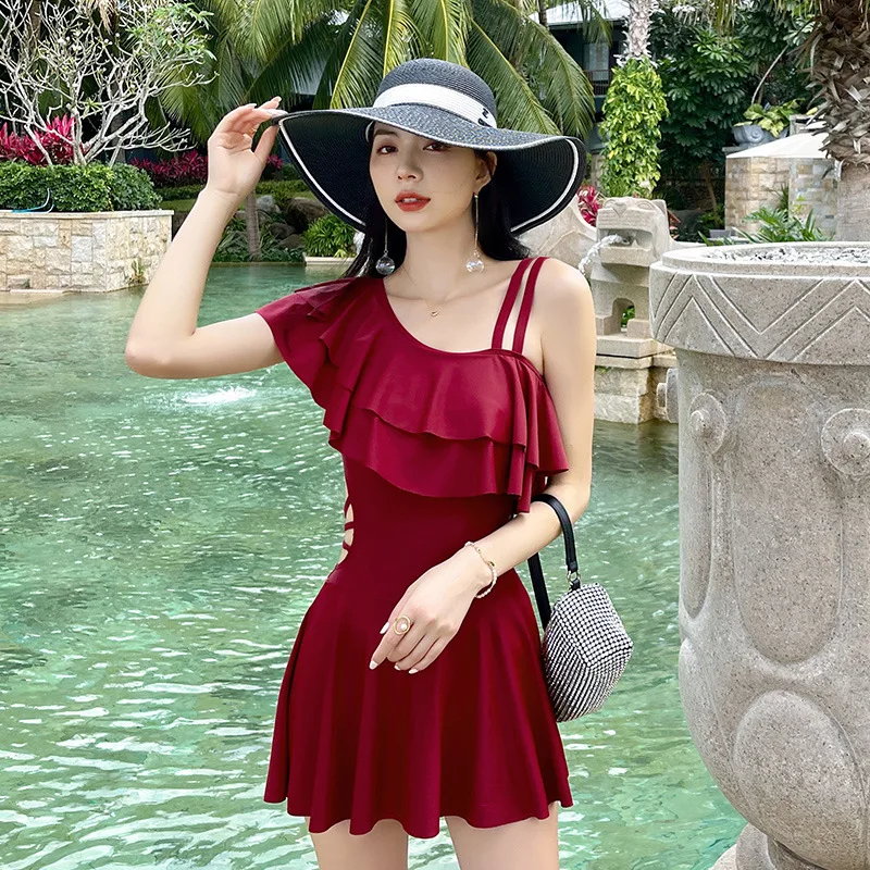 

2023 Women Korean Fashion Bathing Suit Sexy One Piece Ruffle Swimsuit With Skirt Dress Cover Up Backless Swimming Suit Summer