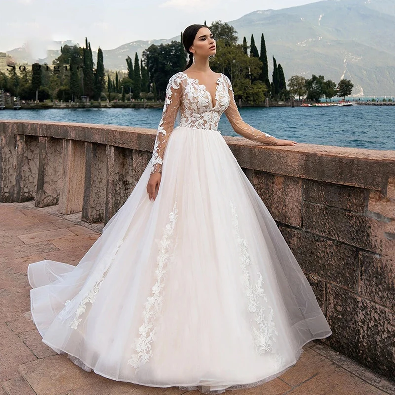 Купи Exquisite Wedding Dress Lace Appliques V-neck Tulle Beading Bridal Dresses Full Sleeves Tulle Bride Gown Vestidos De Novia за 5,494 рублей в магазине AliExpress