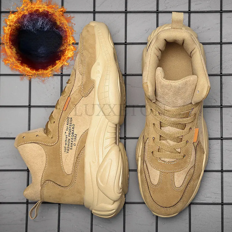 

Men Warm and Thickened Sneakers Winter Cotton High-heeled Solid Color Plush Round Toe Thick Soled Boots Shoes