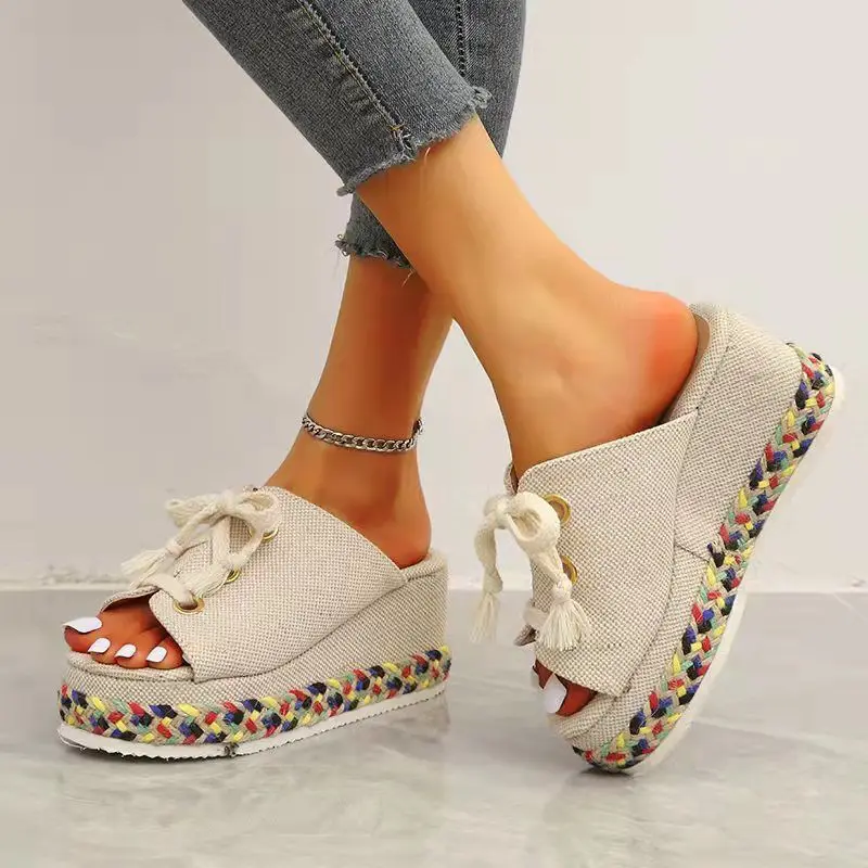 

Women Sandals 2022 Summer Lace Up Slippers Height Increase Wedge Slippers Women Open Toe Straw Platform Sandals Sandalias Mujer