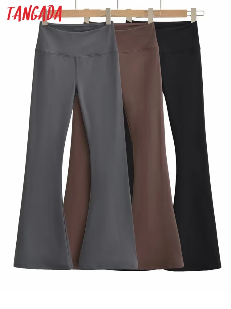 Tangada Women Solid Flare Pants Strethy Waist Pants Trousers Female 4P71