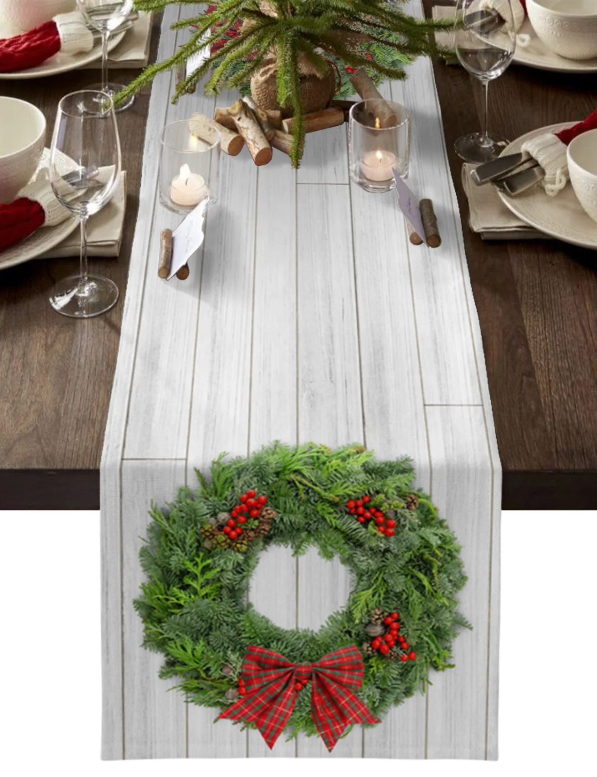 

Christmas Pine Needle Wreath Wood Grain Table Runner Christmas Dining Table Decor Linen Table Runners Wedding Decor Table Cloth