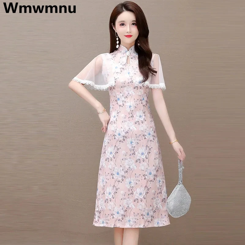 

Женское облегающее платье-Ципао с принтом, винтажное Сетчатое платье большого размера 5xl с коротким рукавом, повседневное элегантное плать...