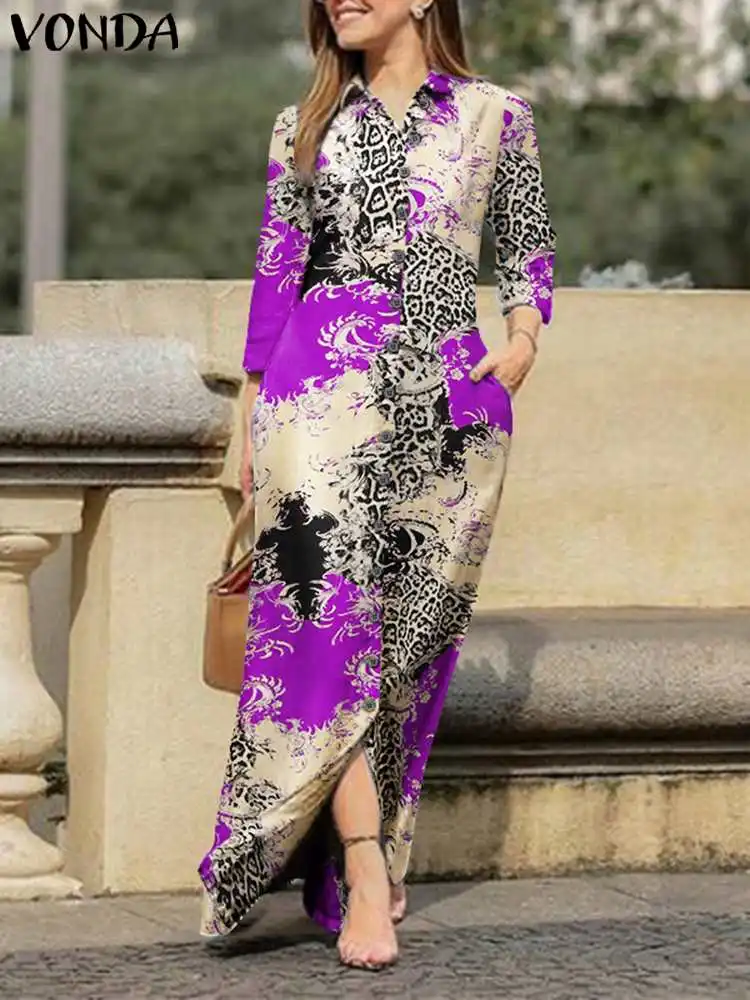 

Summer VONDA Bohemian Women Vintage Maxi Dress 2023 Long Sleeve Vintage Printed Button Party Sundress Casual Loose Holiday Robe