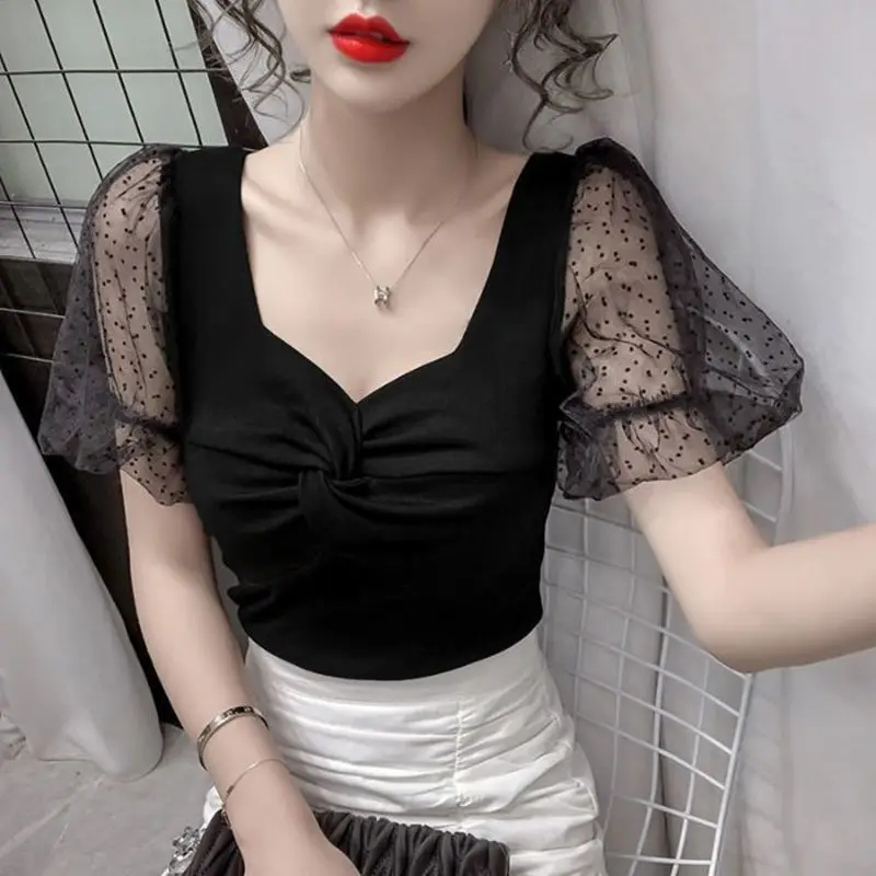 

Women 2022 Summere New Gauze Short Sleeve Shirts Female Patchwork Pullover Shirts Ladies Square Collar Slim Blouses Tops F103