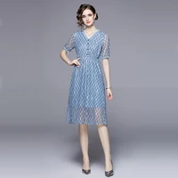 womens new summer style high end temperament french v neck short sleeve lace mesh lace embroidery fashion medium length dress