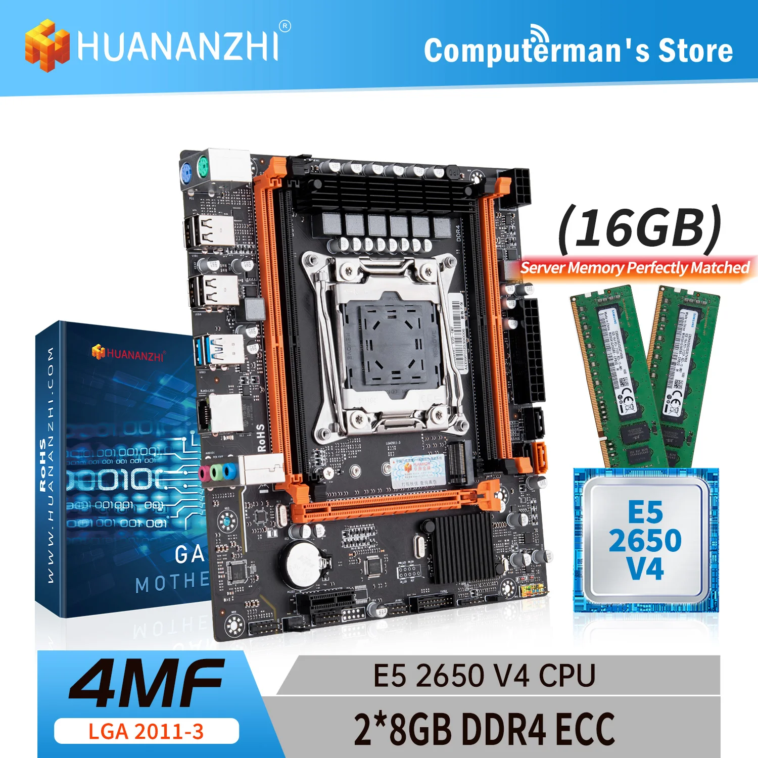 

Комплект материнской платы HUANANZHI X99 4MF LGA 2011-3, комплект с ЦП Intel XEON E5 2650 V4 с памятью 2*8G DDR4 RECC, поддержка M.2