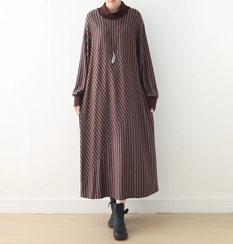 Women Striped Vintage Fall Knitted Sweater Dress 2022 Femme Half Turtleneck Retro Autumn Winter Loose Maxi Dresses Long Sleeves