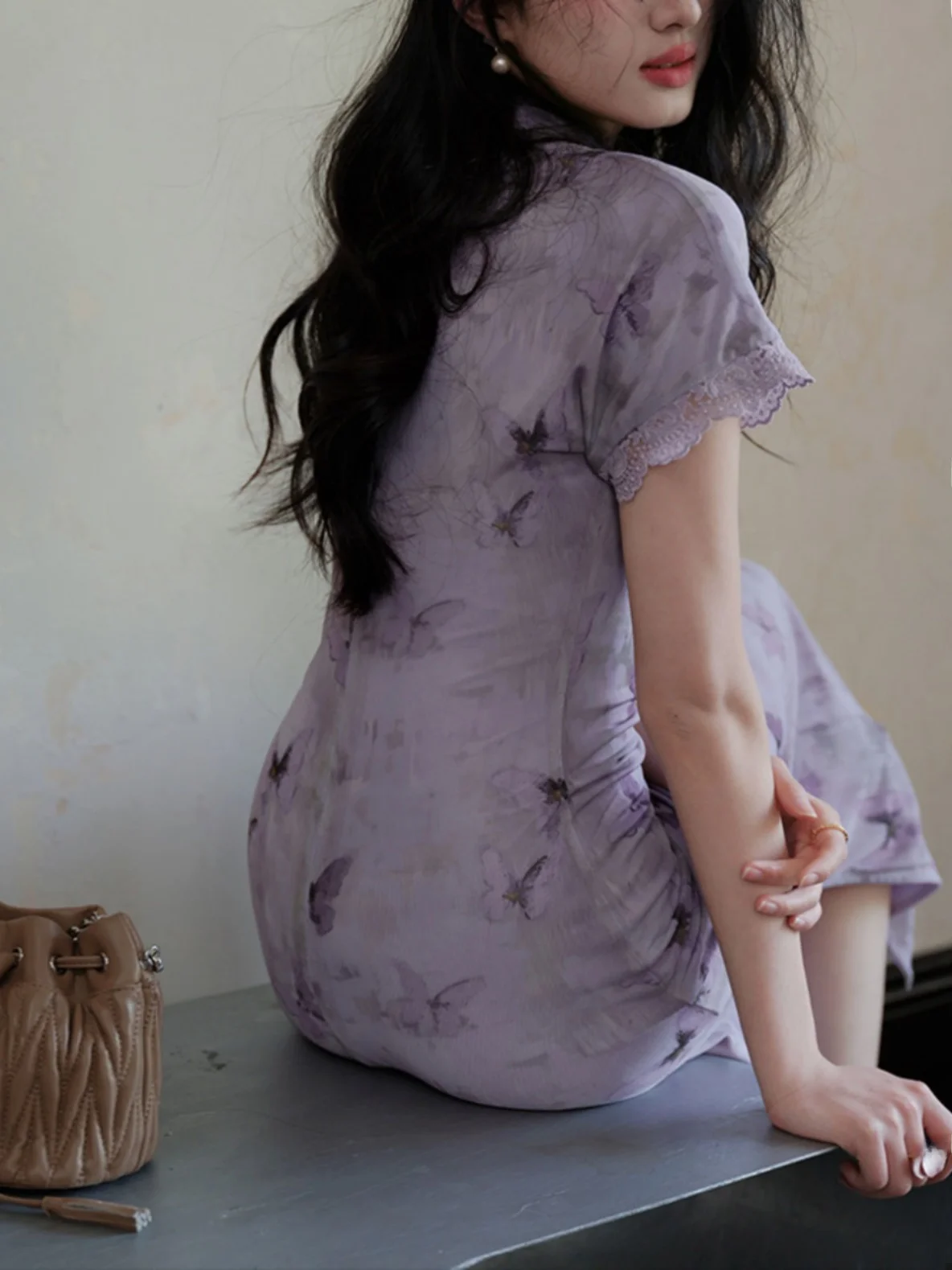 Новое китайское фиолетовое платье Sle женское летнее Элегантное приталенное