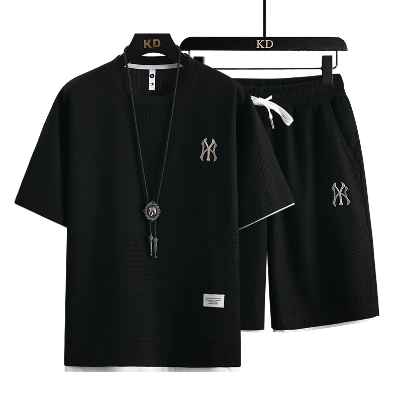 Casual Sports NY Suit Fake Two Pieces Short Sleeve T-shirt Men's Summer Embroidered Waffle Clothes Set Matching