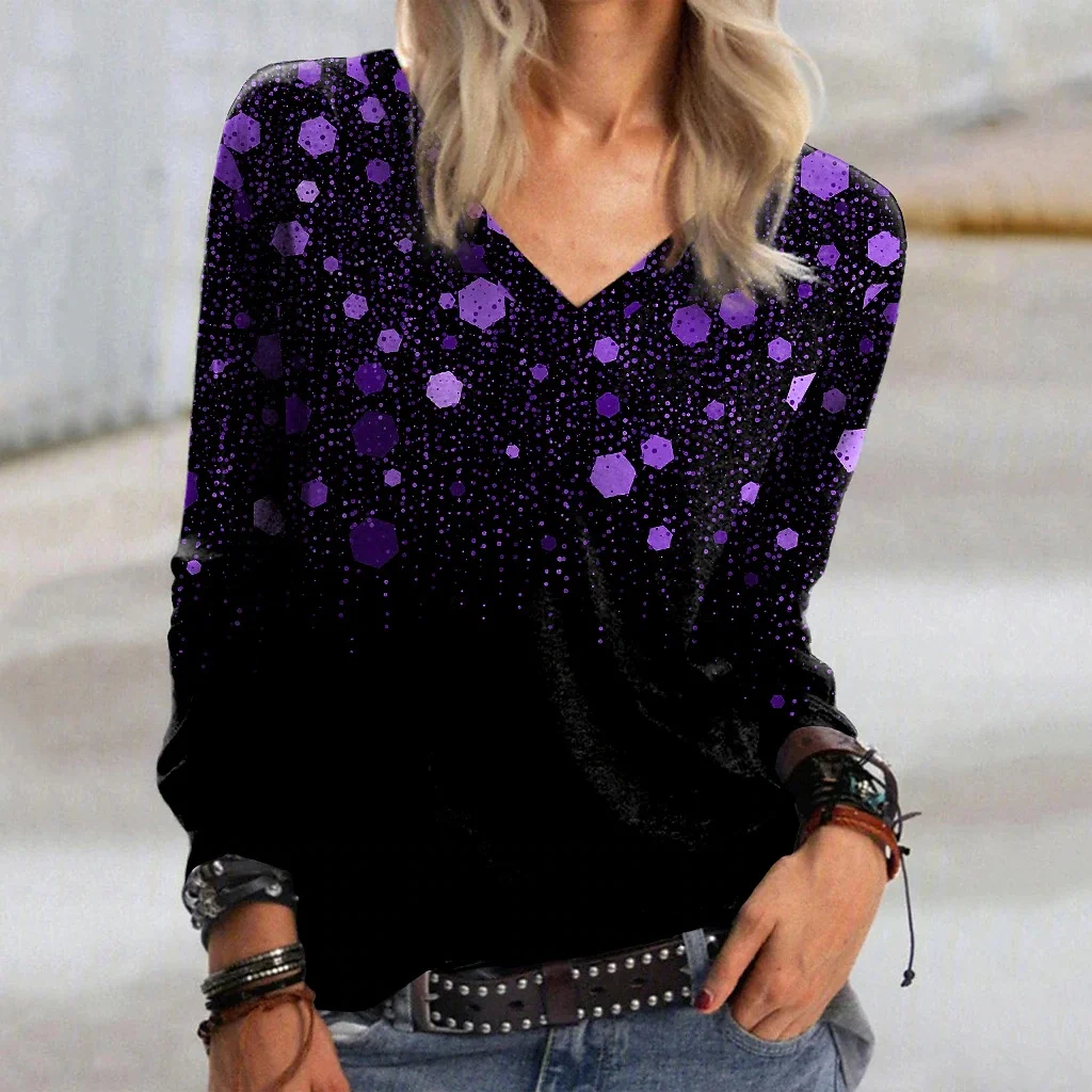 

Футболка женская с рисунком, базовый черный топ с блестящим рисунком и V-образным вырезом, с Galaxy Graphic