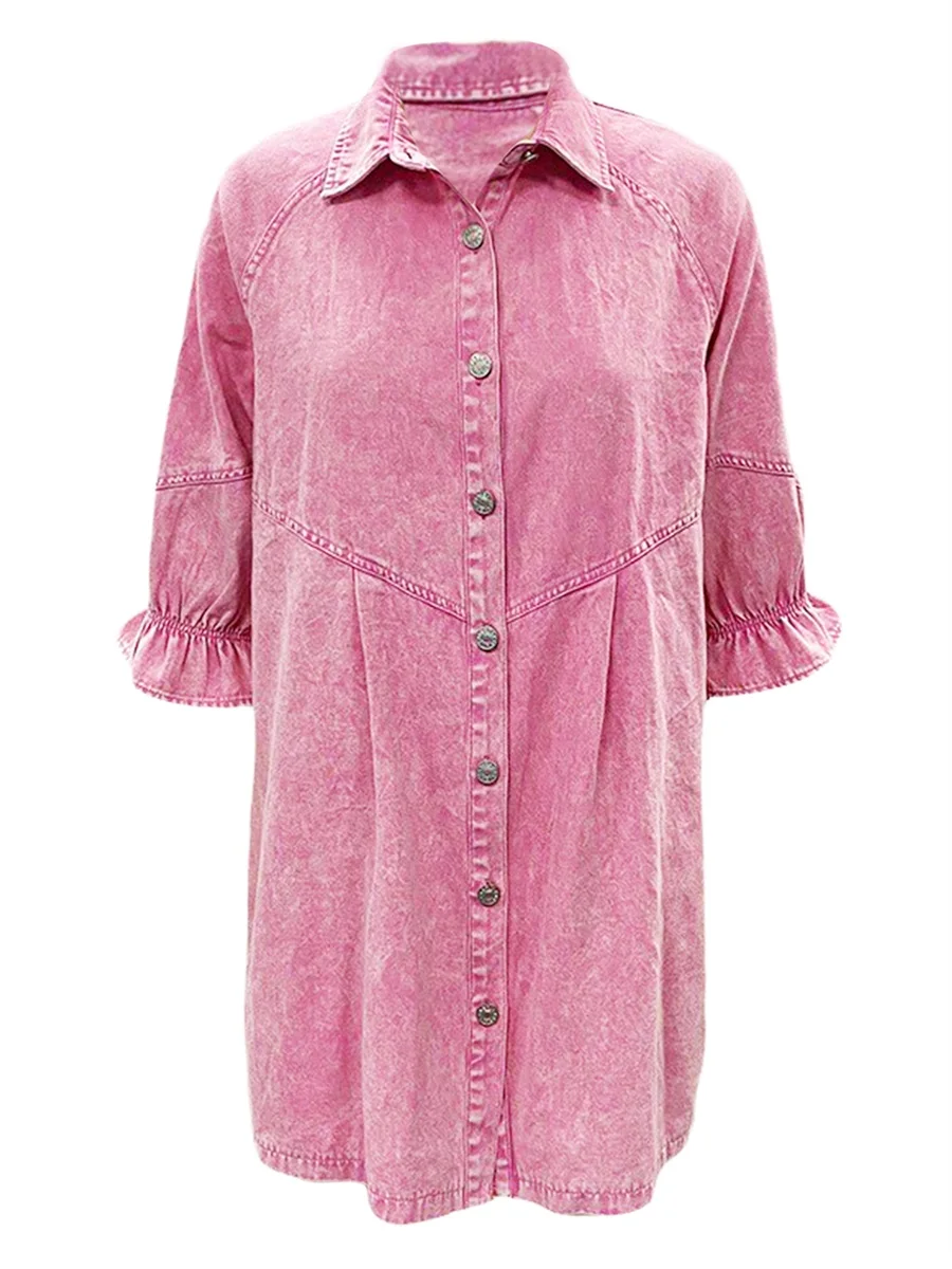 

Women Summer Denim Shirt Dress Short Sleeve A-Line Tiered Babydoll Jean Mini Dress Loose Casual Jean Jacket