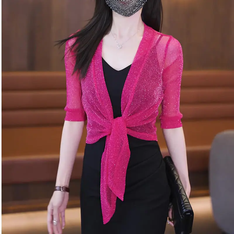 Кардиган женский тонкий из газовой ткани модная однотонная яркая накидка с