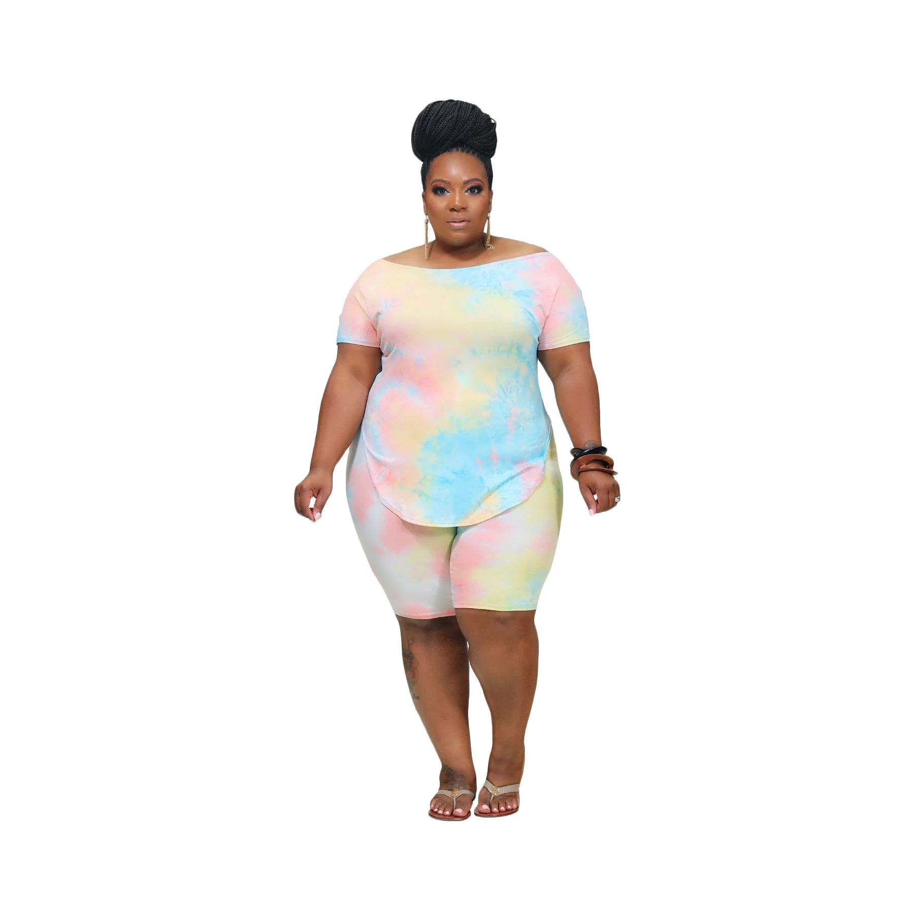 Plus Size Women Clothing Two Piece Set Summer Fashion Casual Tie Dye Printing Short Sleeve Loose 3xl 4xl 5xl 6xl