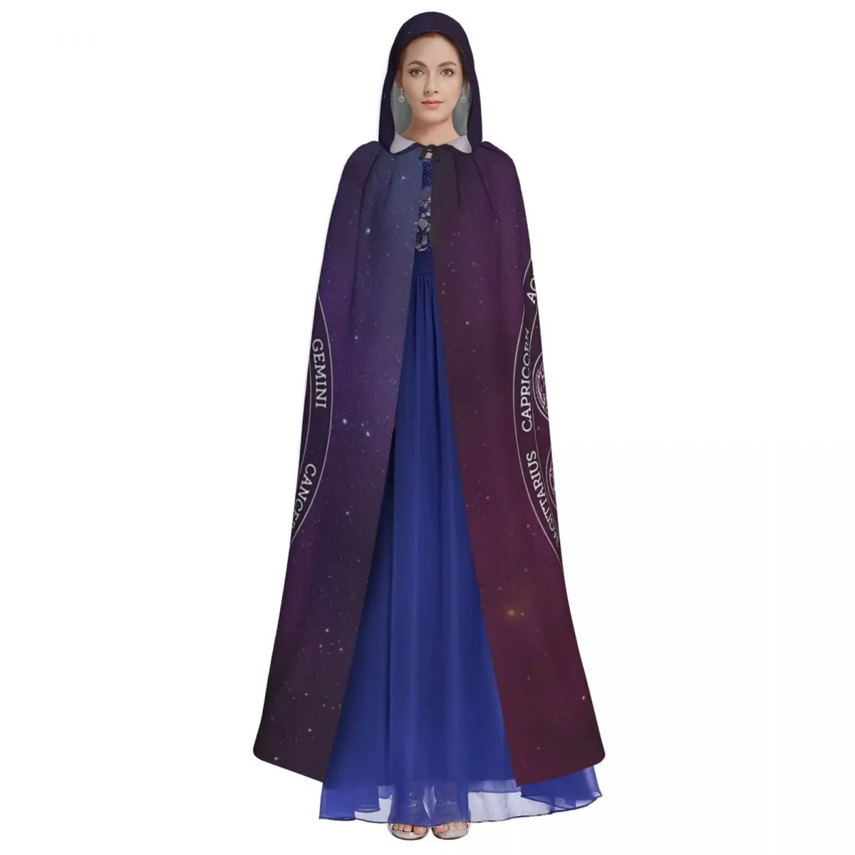 Длинная фиолетовая накидка с капюшоном и знаками Зодиака средневековый костюм