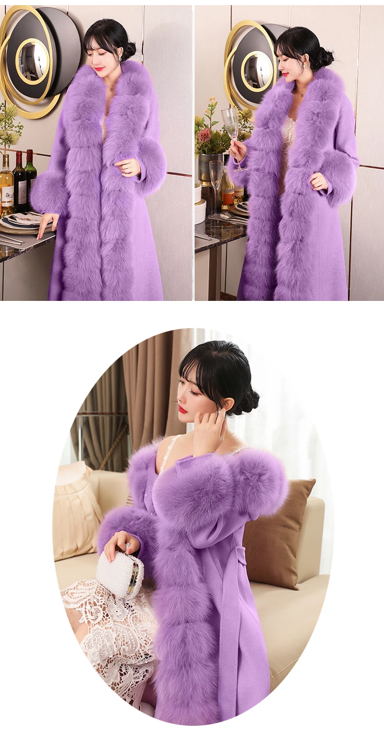 Double-sided Cashmere Coat Women's Light Luxury Detachable Fox Fur Collar X-Long Over-knee Waist-Slim Woolen Coat