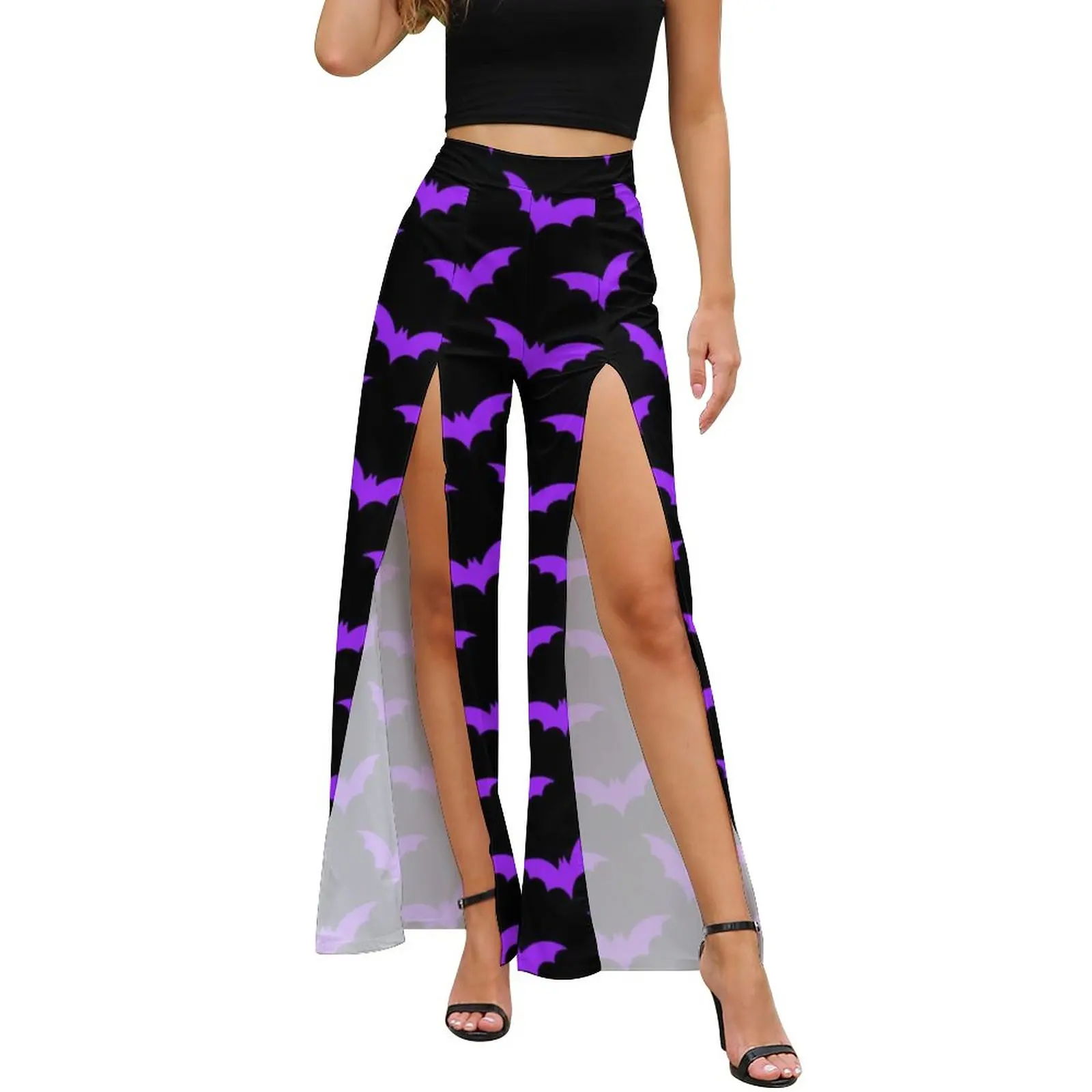 

Halloween Bats Pants Women Black and Purple Bats High Waisted Modern Graphic Wide Leg Pants Hot Slit Straight Harajuku Trousers