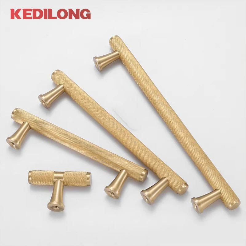

Solid brass knurled handle Simple European style cabinet Wardrobe door drawer T-shaped gold furniture knob