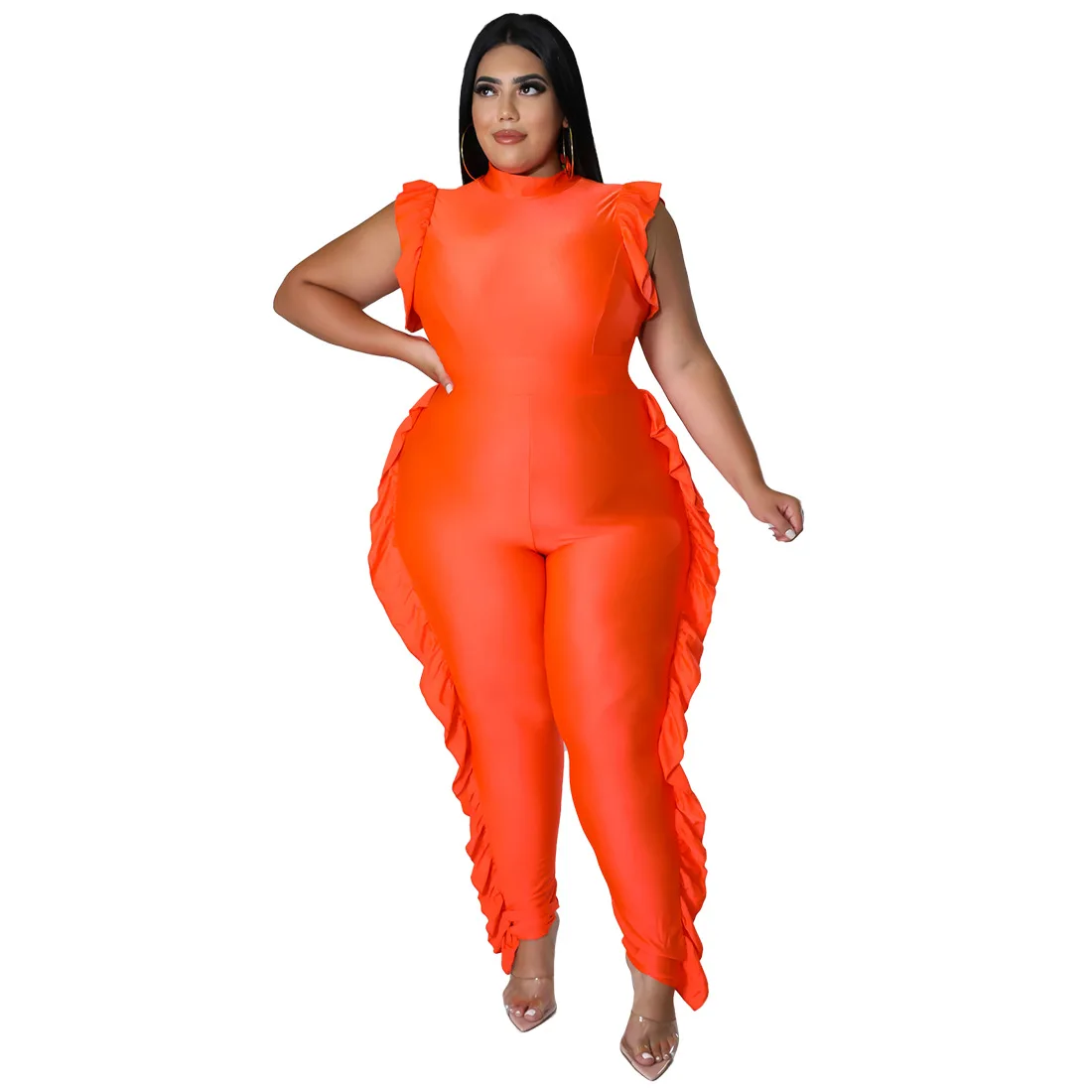 FS Orange Black Sexy One-Piece Plus Size Women Clothing Sets Suit Large Size Ladies Ruffled Jumpsuits Turtleneck Summer Outfits