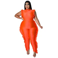 fs orange black sexy one piece plus size women clothing sets suit large size ladies ruffled jumpsuits turtleneck summer outfits