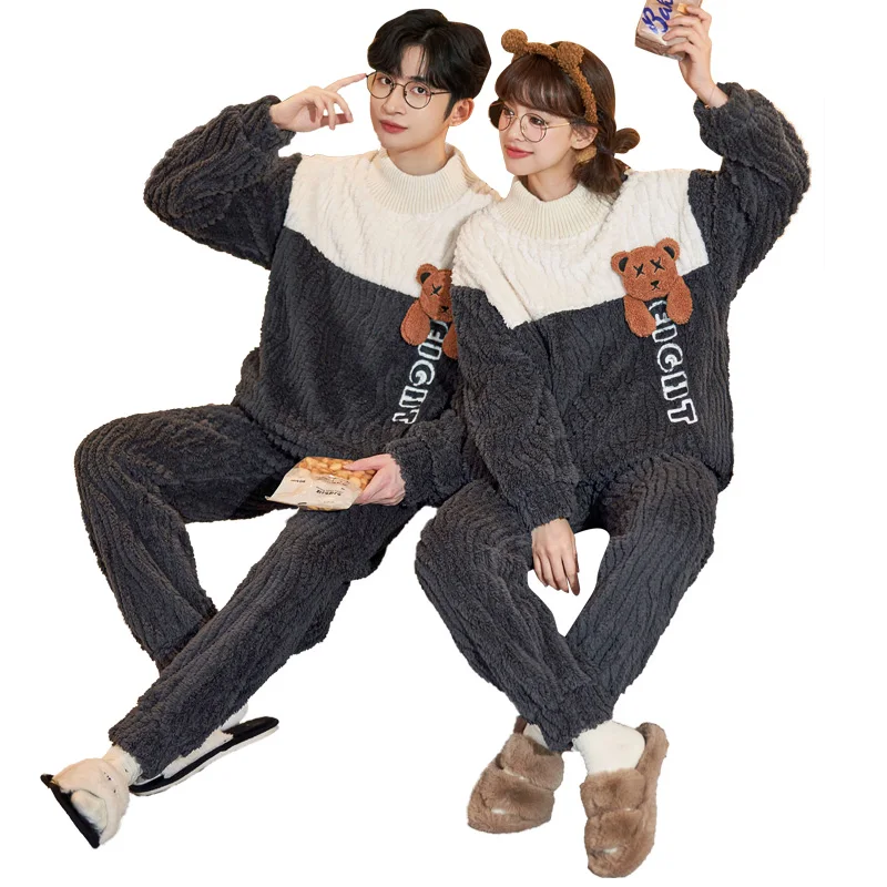 QUHENG 2022 Flannel Men's Pajama Pants Set Autumn Winter New Thick Warm Sleepwear for Couples Casual Loose Home Costumes Set
