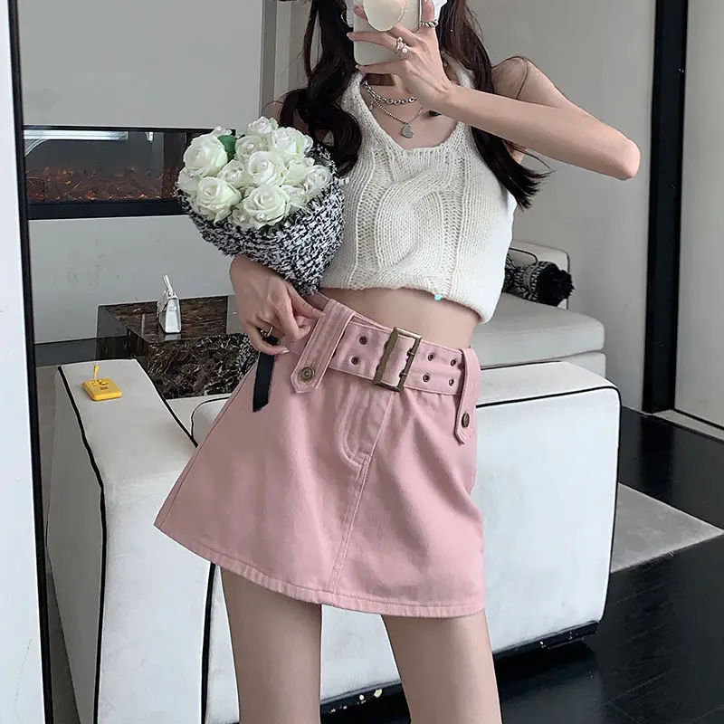 Spicy Girl A -line hip Skirt Summer Anti -walking Light Skirt High Waist Skirt Shows Thin Denim Skirt Casual Female Pink Skirt