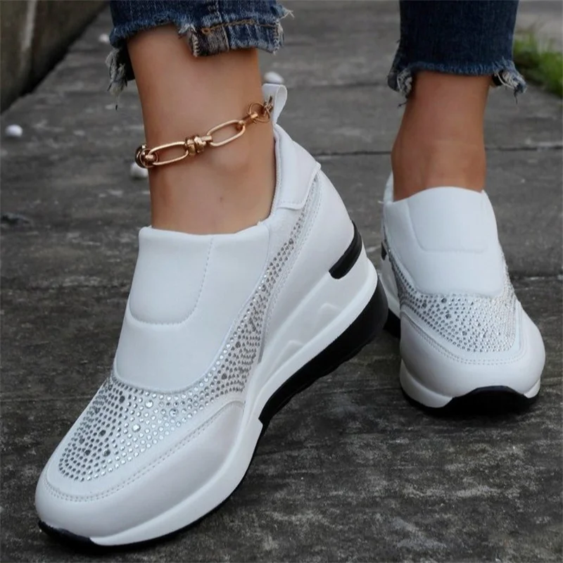 Women Crystal Sneakers Spring Autumn Casual Zipper Flat Shoes Women Non-slip Breathable Outdoor Vulcanized Shoes Woman