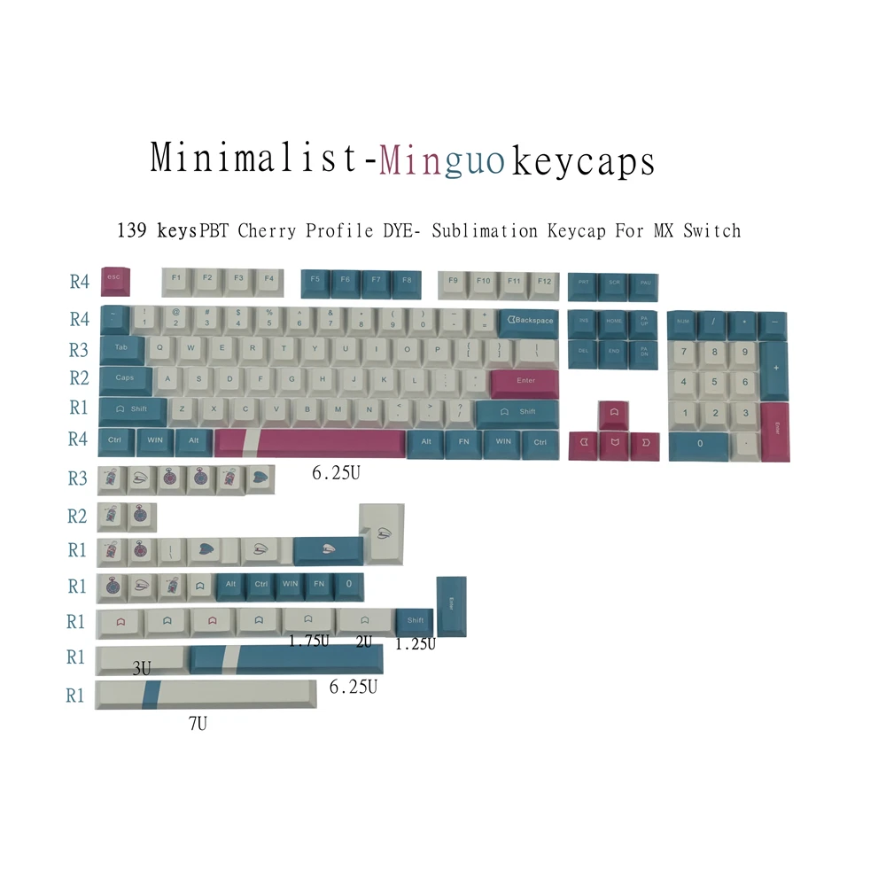 

139 Keys PPT Keycaps Minguo Cherry DYE-Sublimation Keycap For Mechanical Keyboard GK61 GH60 108 With 3U 7U Space Bar ISO Enter