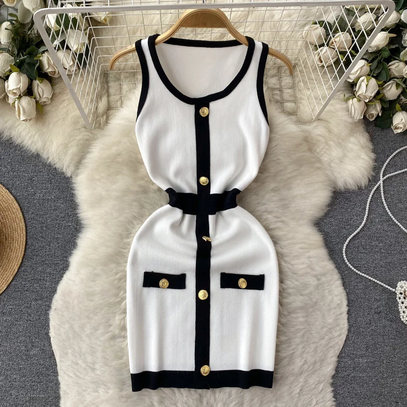 

Новое летнее женское эластичное трикотажное облегающее платье без рукавов, французское пикантное шикарное элегантное женское облегающее ...