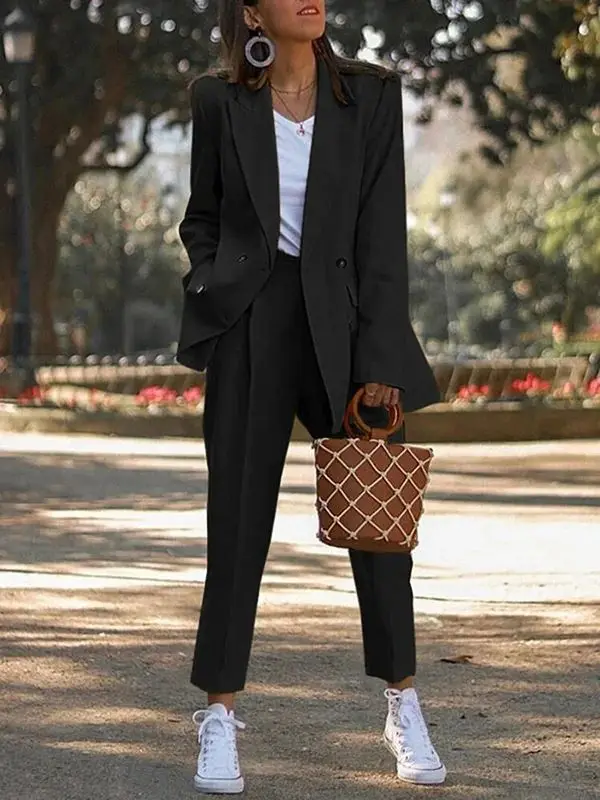 Women's Solid Color Business Double Breasted Overalls Business Trousers Two Piece Suit Ladies Formal Casual Party Prom Tuxedo